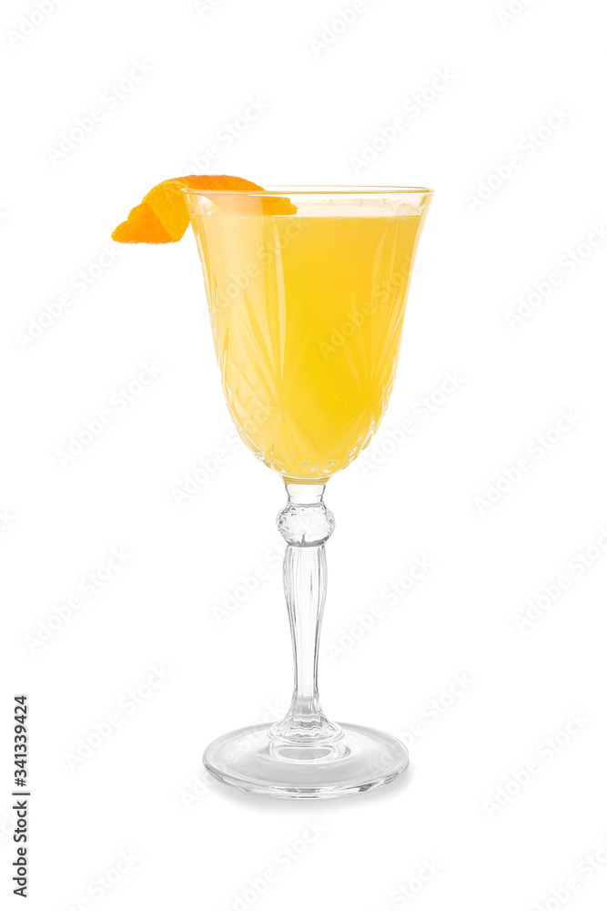 Glass of tasty mimosa cocktail on white background