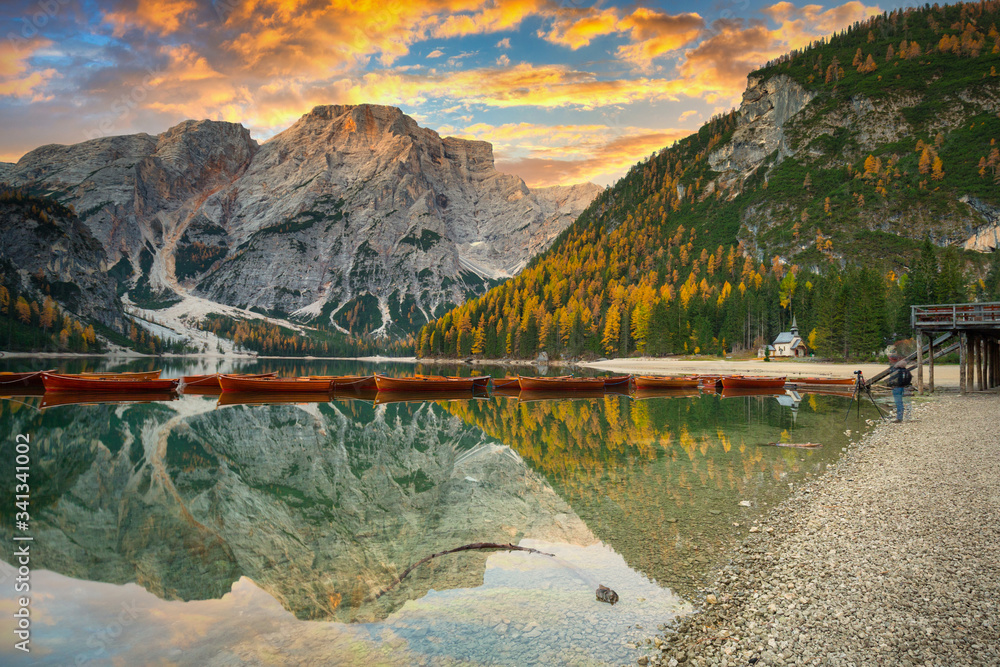 Lago di Braies lake and Seekofel peak at sunrise, Dolomites. Italy