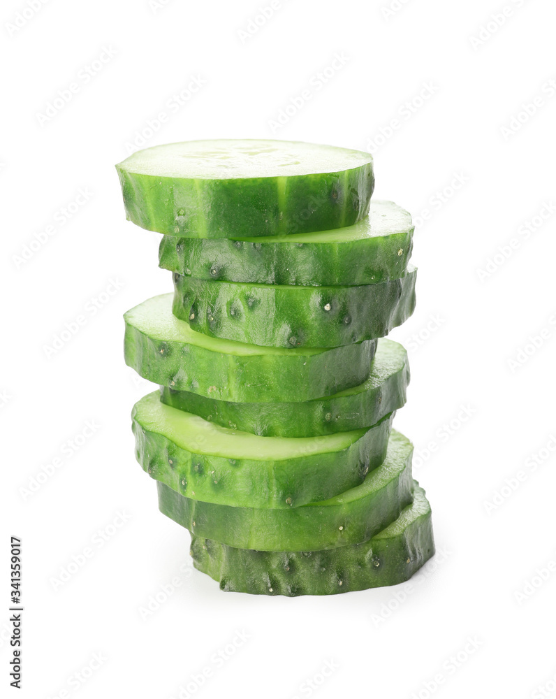 Green cut cucumber on white background