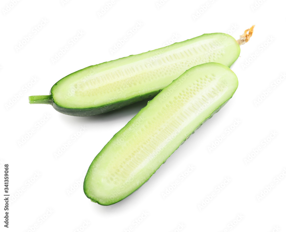 Green cut cucumber on white background