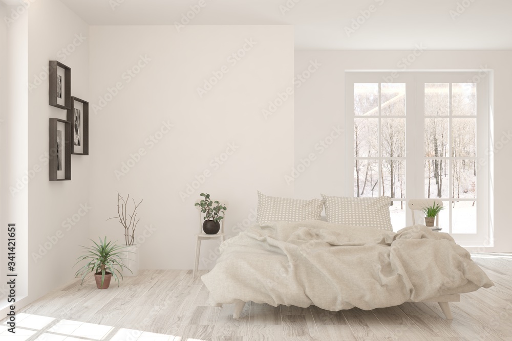 Stylish bedroom in white color with winter landscape in window. Scandinavian interior design. 3D ill