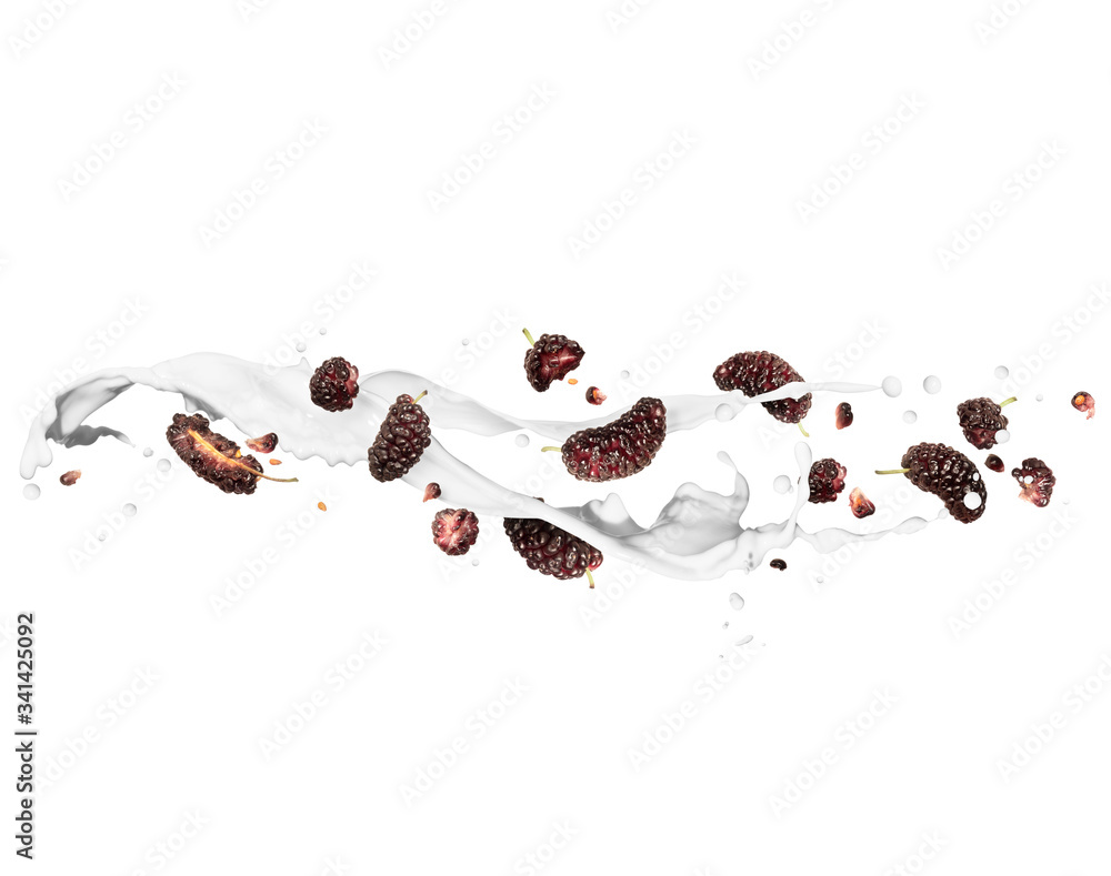 Whole and crushed mulberries with milk splashes