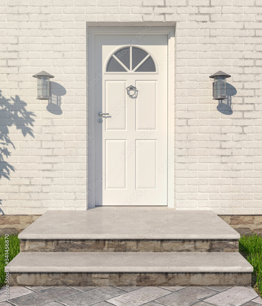 Empty porch at the door. White front door of house with white brick walls. 3D rendering - Illustrati