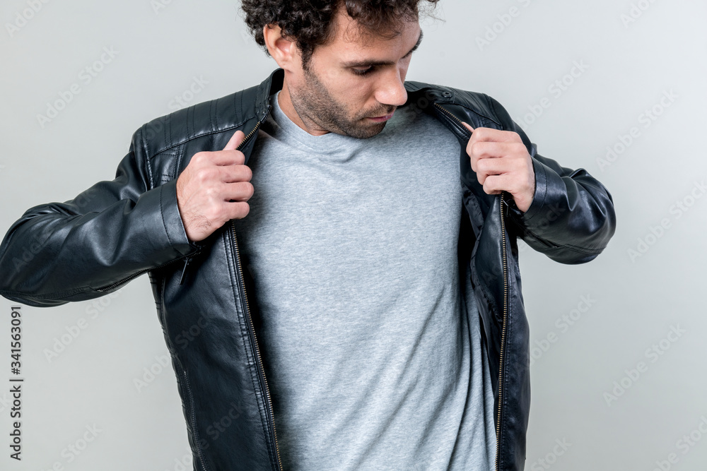 Man wearing black leather jacket