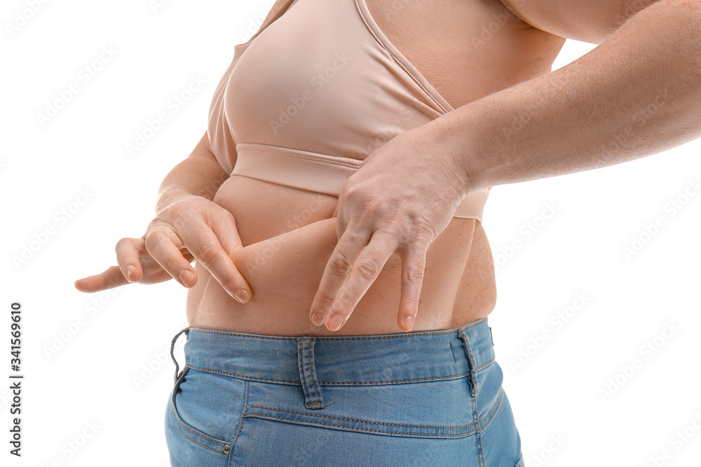 Overweight woman on white background, closeup