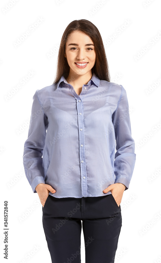 Portrait of beautiful young businesswoman on white background