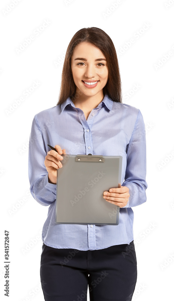 Portrait of beautiful young businesswoman on white background