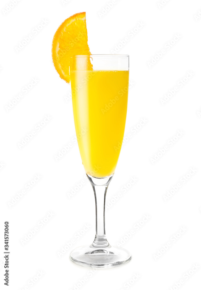 Glass of tasty mimosa cocktail on white background