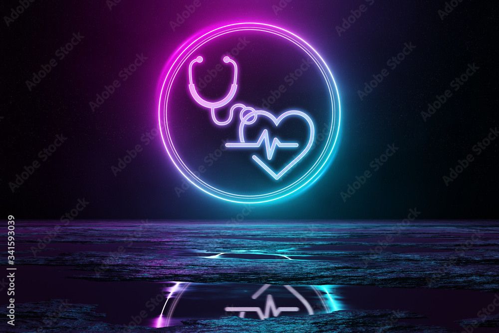 Digital medical holographic icon illuminating the floor with blue and pink neon light 3D rendering