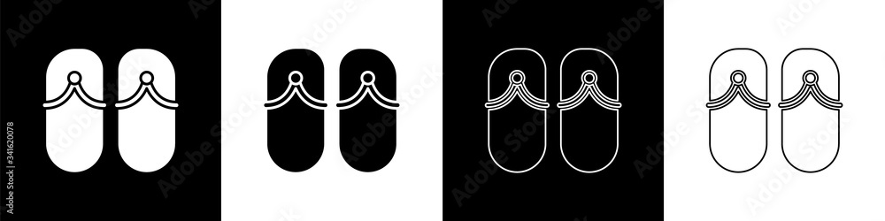 Set Flip flops icon isolated on black and white background. Beach slippers sign.  Vector Illustratio