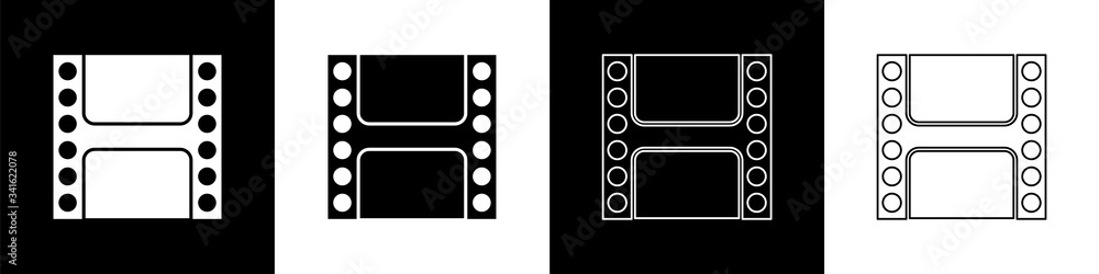 设置在黑白背景上隔离的播放视频图标。胶片条形标志。矢量插图