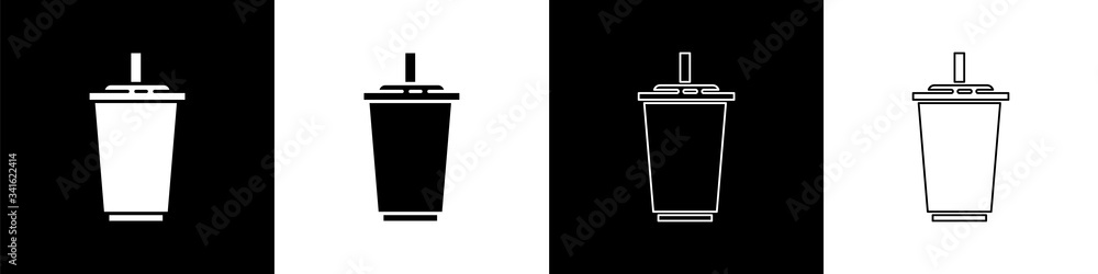 Set Paper glass with drinking straw and water icon isolated on black and white background. Soda drin