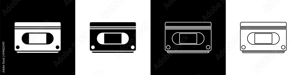 Set VHS video cassette tape icon isolated on black and white background.  Vector Illustration