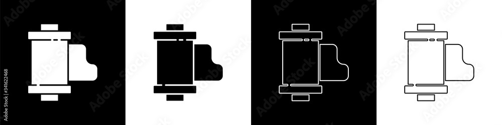 将相机老式胶卷暗盒图标隔离在黑白背景上。35mm胶卷盒