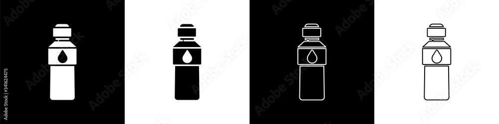 将一瓶水图标隔离在黑白背景上。苏打水饮料标志。矢量照明