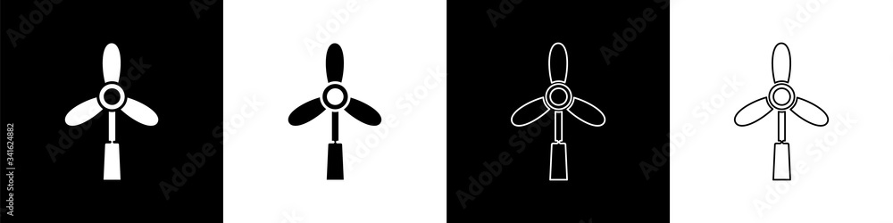 Set Wind turbine icon isolated on black and white background. Wind generator sign. Windmill for elec