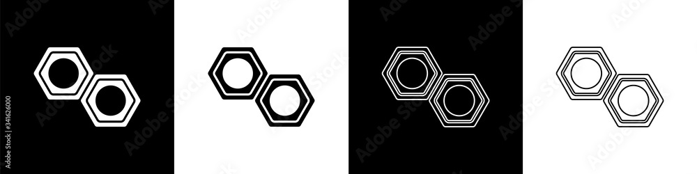 设置隔离在黑白背景上的六角形金属螺母图标。矢量插图