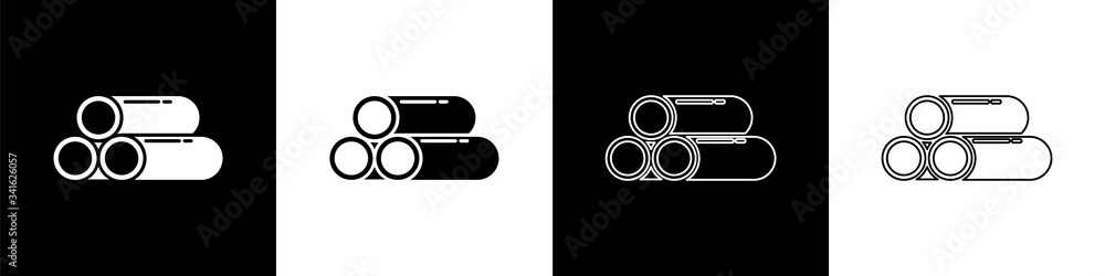 Set Industry metallic pipe icon isolated on black and white background. Plumbing pipeline parts of d