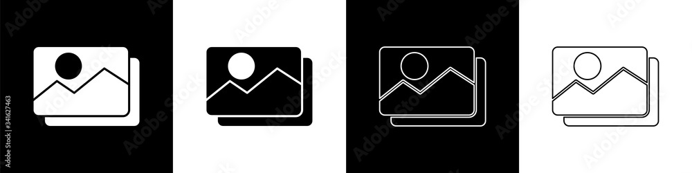 Set Picture landscape icon isolated on black and white background.  Vector Illustration