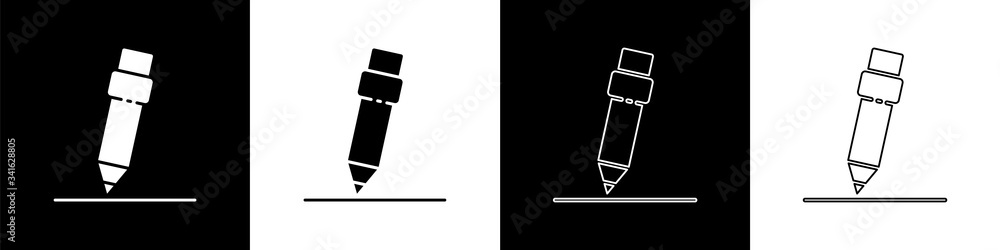 设置铅笔，橡皮擦图标隔离在黑白背景上。绘图和教育工具.S