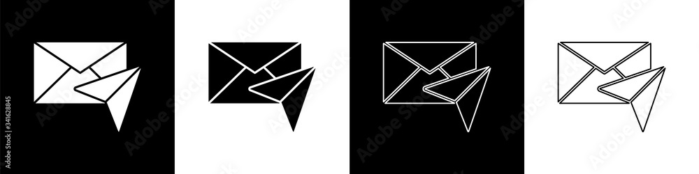 Set Envelope icon isolated on black and white background. Email message letter symbol.  Vector Illus