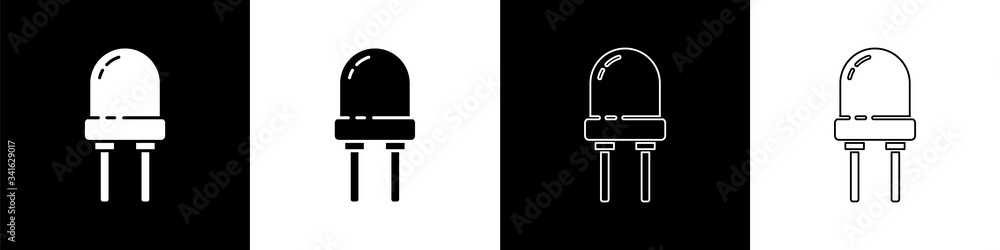 Set Light emitting diode icon isolated on black and white background. Semiconductor diode electrical