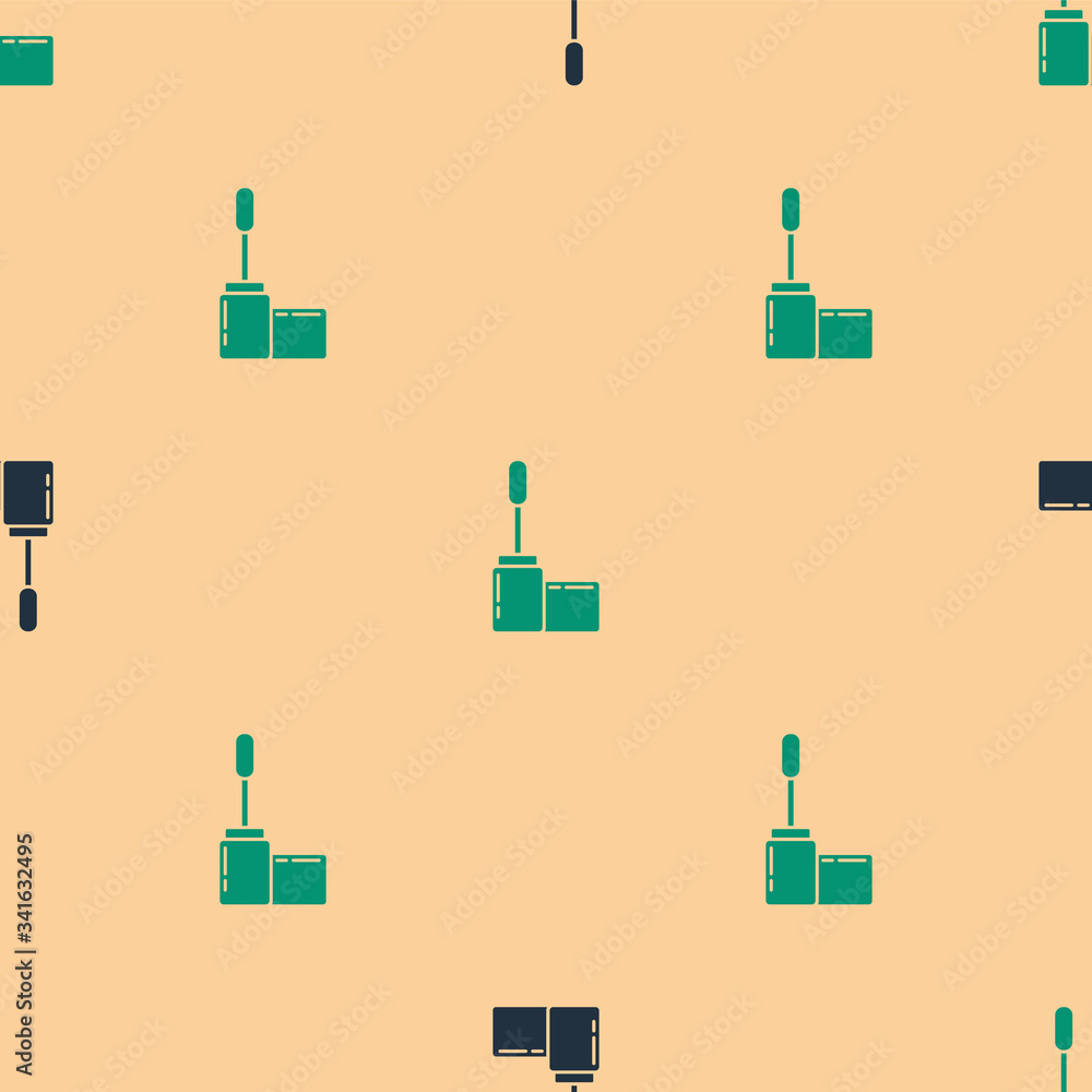 Green and black Mascara brush icon isolated seamless pattern on beige background.  Vector Illustrati