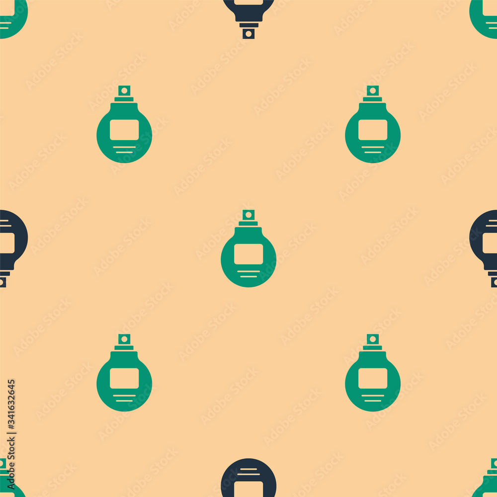 Green and black Perfume icon isolated seamless pattern on beige background.  Vector Illustration