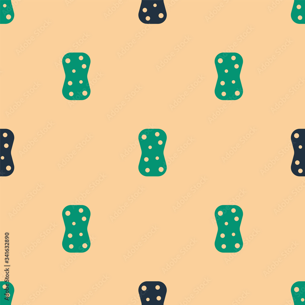 Green and black Sponge with bubbles icon isolated seamless pattern on beige background. Wisp of bast