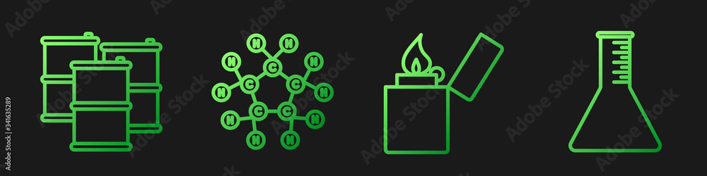 Set line Lighter, Barrel oil, Molecule oil and Oil petrol test tube. Gradient color icons. Vector