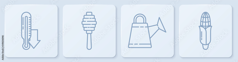 设定线气象温度计、水罐、蜂蜜勺和玉米。白色方形按钮。Ve