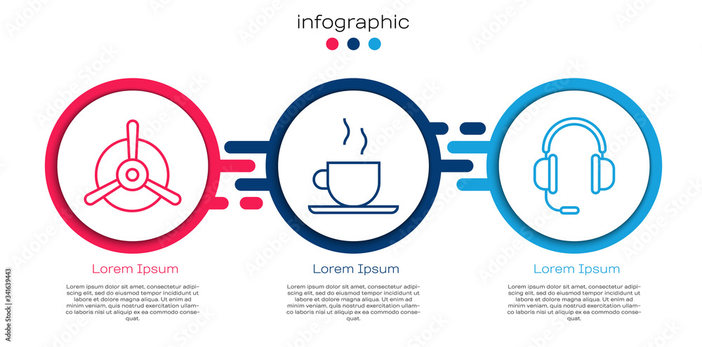 Set line Plane propeller, Coffee cup and Headphones with microphone. Business infographic template. 