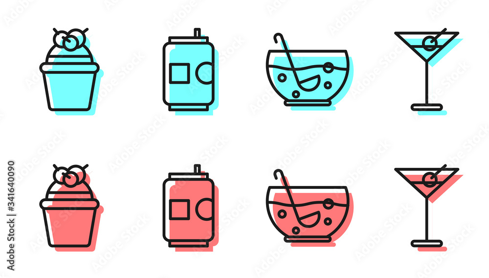 Set line Mixed punch in bowl, Cake, Beer can and Martini glass icon. Vector