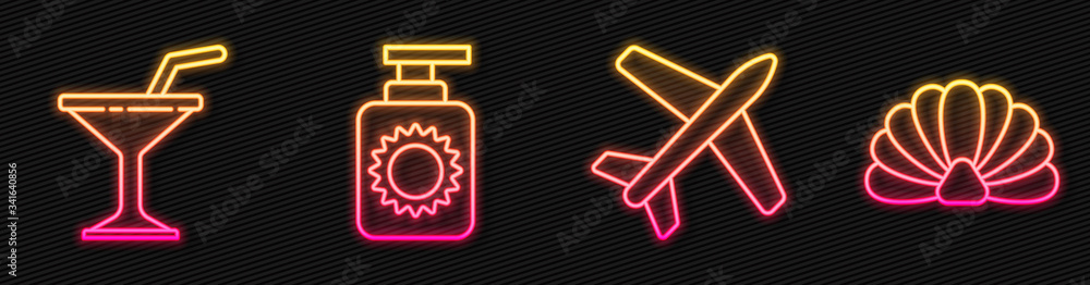 Set line Plane, Martini glass, Sunscreen spray bottle and Scallop sea shell. Glowing neon icon. Vect