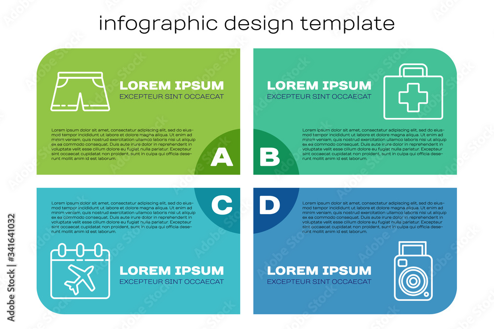 Set line Calendar and airplane, Swimming trunks, Photo camera and First aid kit. Business infographi