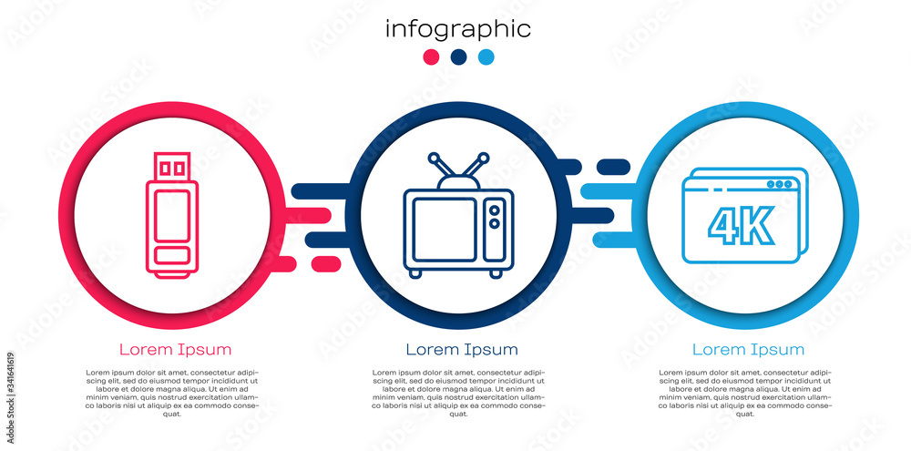 设置线USB闪存驱动器，复古电视和在线播放视频4k。商业信息图模板.Vec