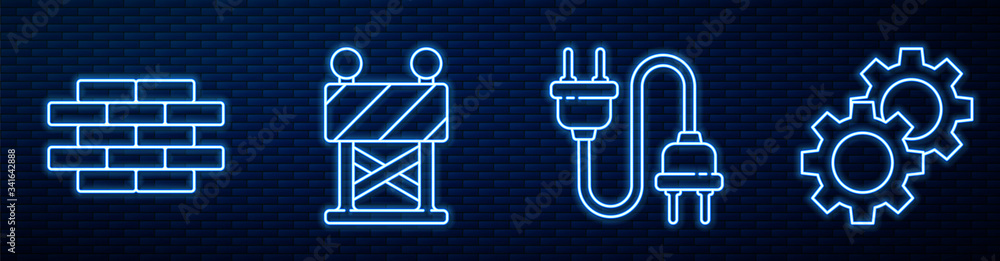 设置线路电气插头、砖块、道路护栏和齿轮。砖墙上闪闪发光的霓虹灯图标。矢量