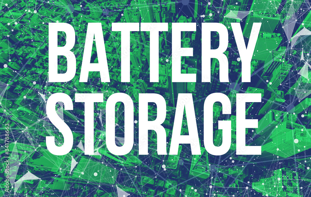 Battery Storage theme with abstract network patterns and Manhattan NY skyscrapers