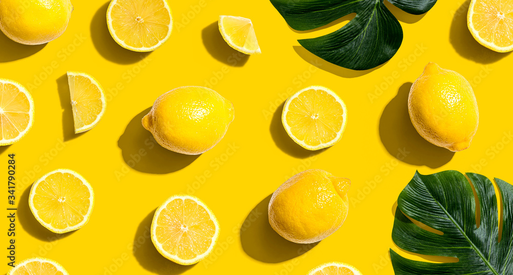 Fresh yellow lemons overhead view - flat lay