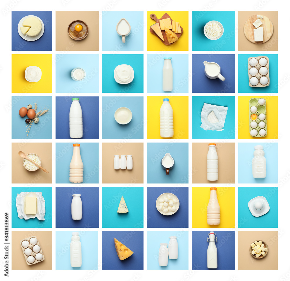 Set of different dairy products on color background