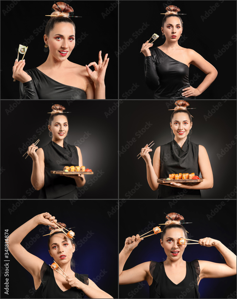 Set of beautiful woman with tasty sushi on dark background