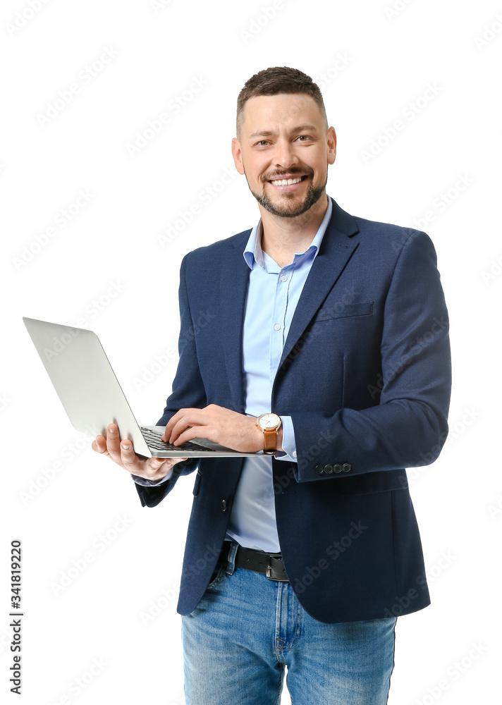 Portrait of handsome businessman with laptop on white background