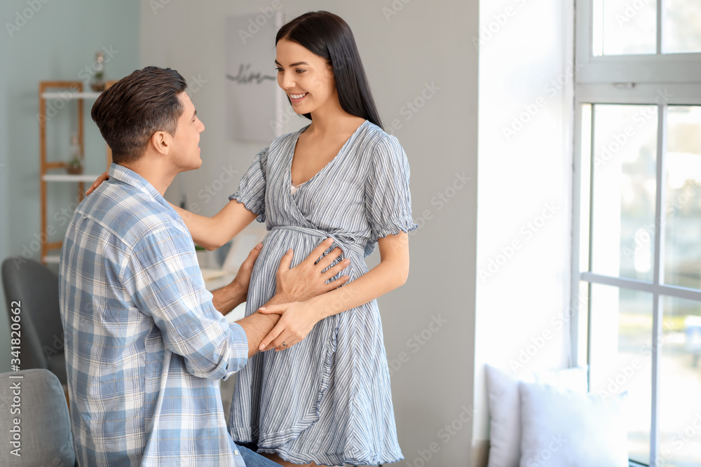 Portrait of happy pregnant couple at home