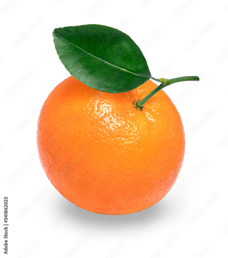 Fresh orange isolated on a white background, Mandarin orange with green leaf isolated on white backg