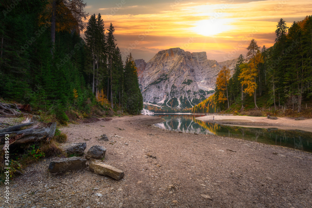 Lago di Braies lake and Seekofel peak at sunrise, Dolomites. Italy