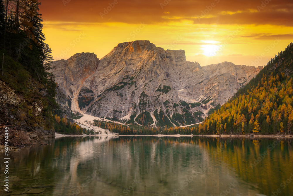 Lago di Braies lake in Dolomites at sunrise, Italy