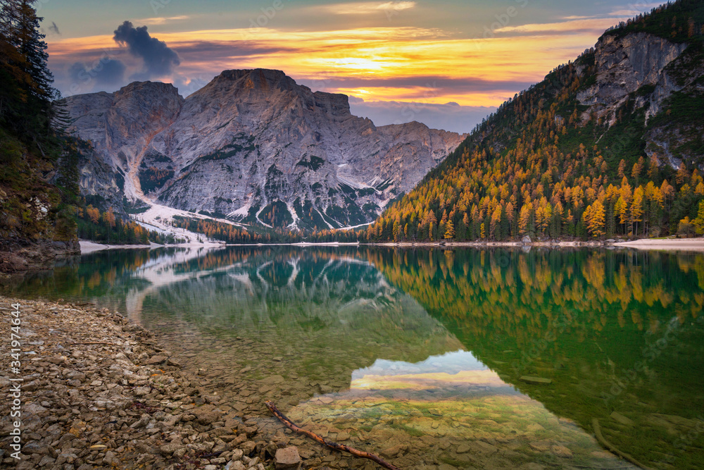 Lago di Braies lake in Dolomites at sunrise, Italy