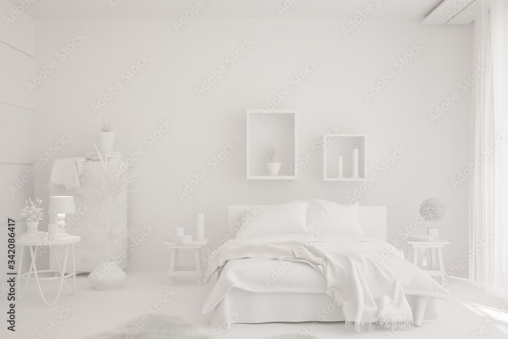 Modern bedroom in white color. Scandinavian interior design. 3D illustration