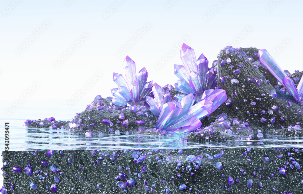 Realistic Purple color Natural Crystals and Many Gem On the Ground and Sea, 3D rendering.