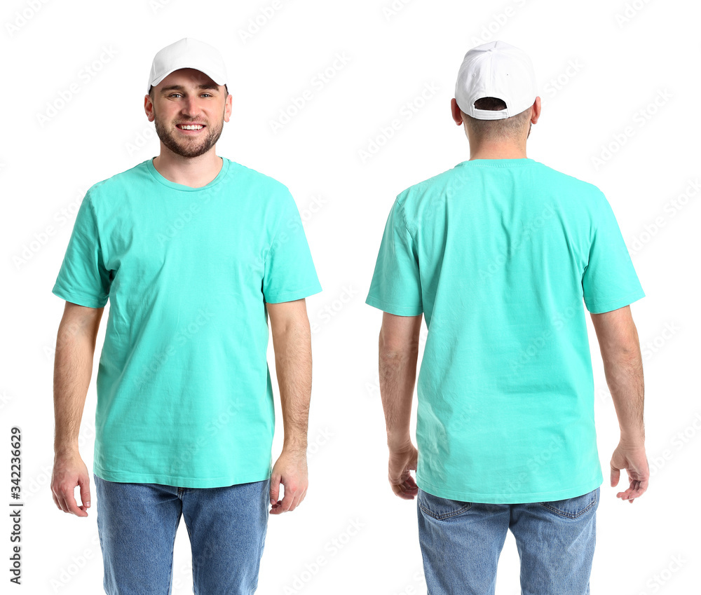 Handsome man in stylish cap on white background. Front and back view